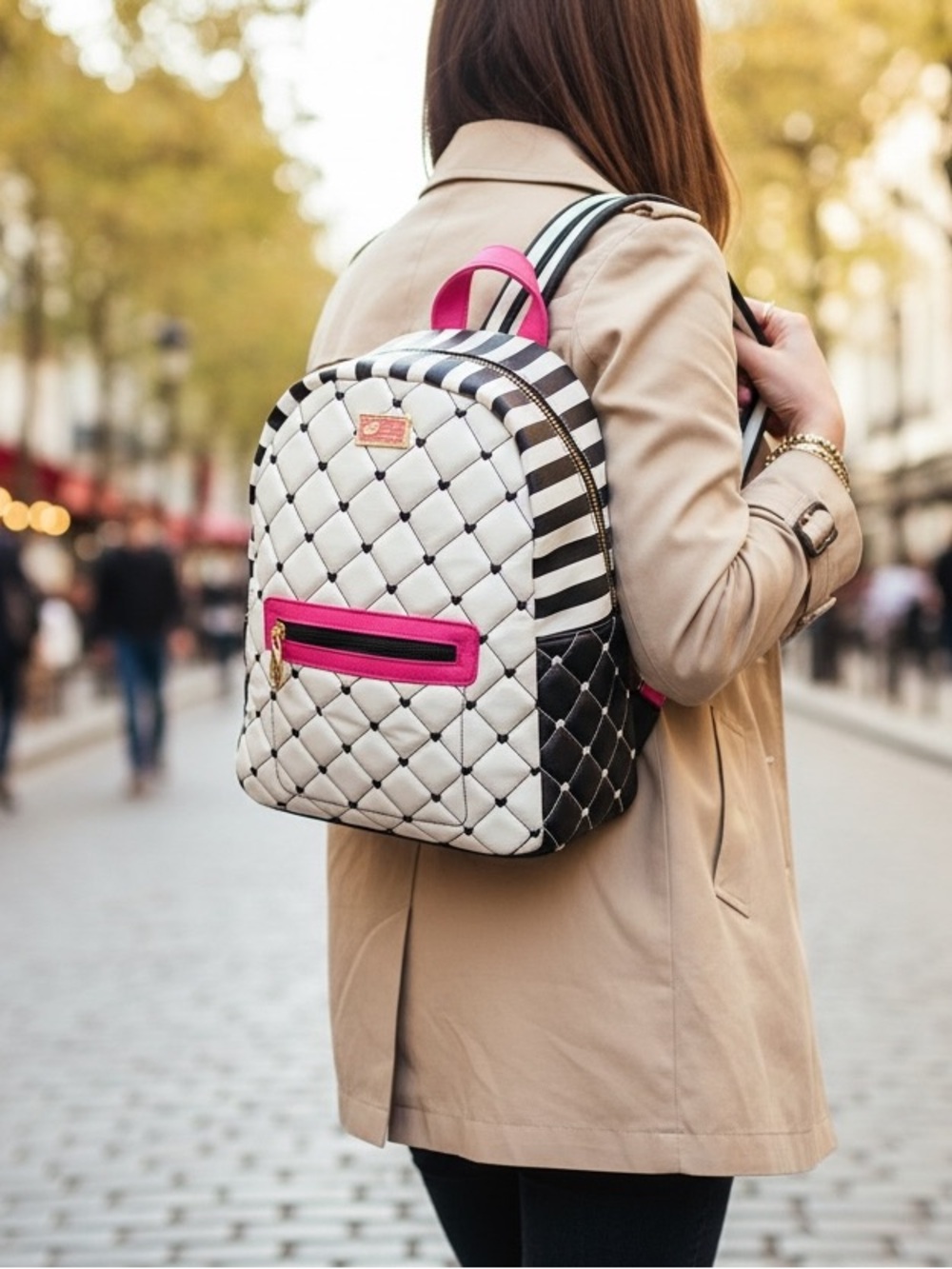 Betsy Johnson Small Quilted Backpack with Pink Accent - Casual Bag - Picture 10 of 11